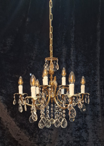 Stunning Antique French 6 Arm 9 Light Heavy Brass Crystal Leaf Chandelier