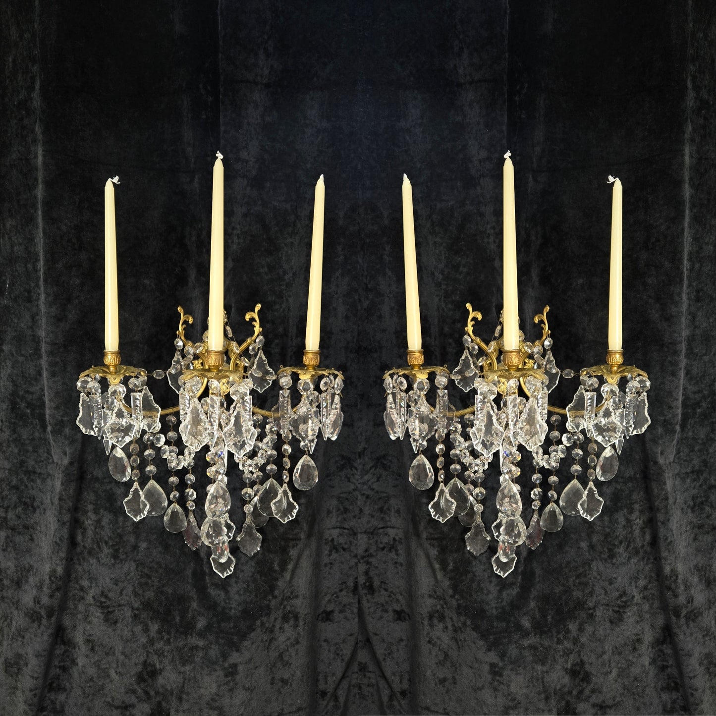 Superb Pair Large Vintage Italian Gilded Brass 3 Arm Candle Crystal Wall Lights