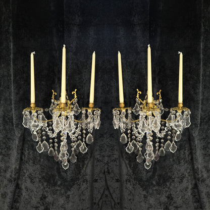 Superb Pair Large Vintage Italian Gilded Brass 3 Arm Candle Crystal Wall Lights