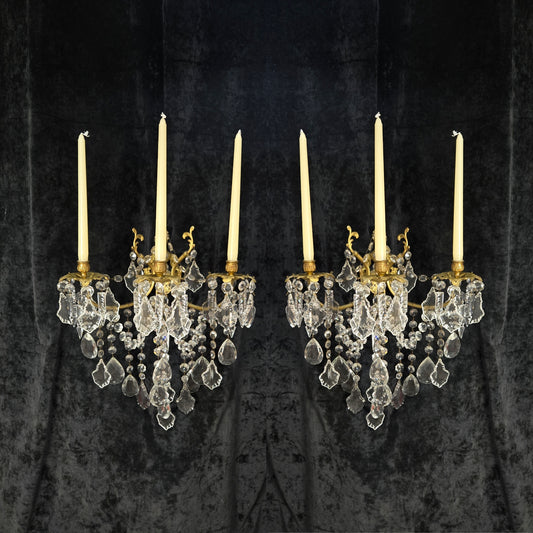 Superb Pair Large Vintage Italian Gilded Brass 3 Arm Candle Crystal Wall Lights