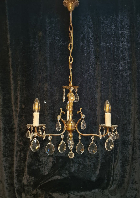 RESERVED Beautiful Vintage Italian 3 Arm Crystal Aged Brass Leaf Chandelier Ceiling Light