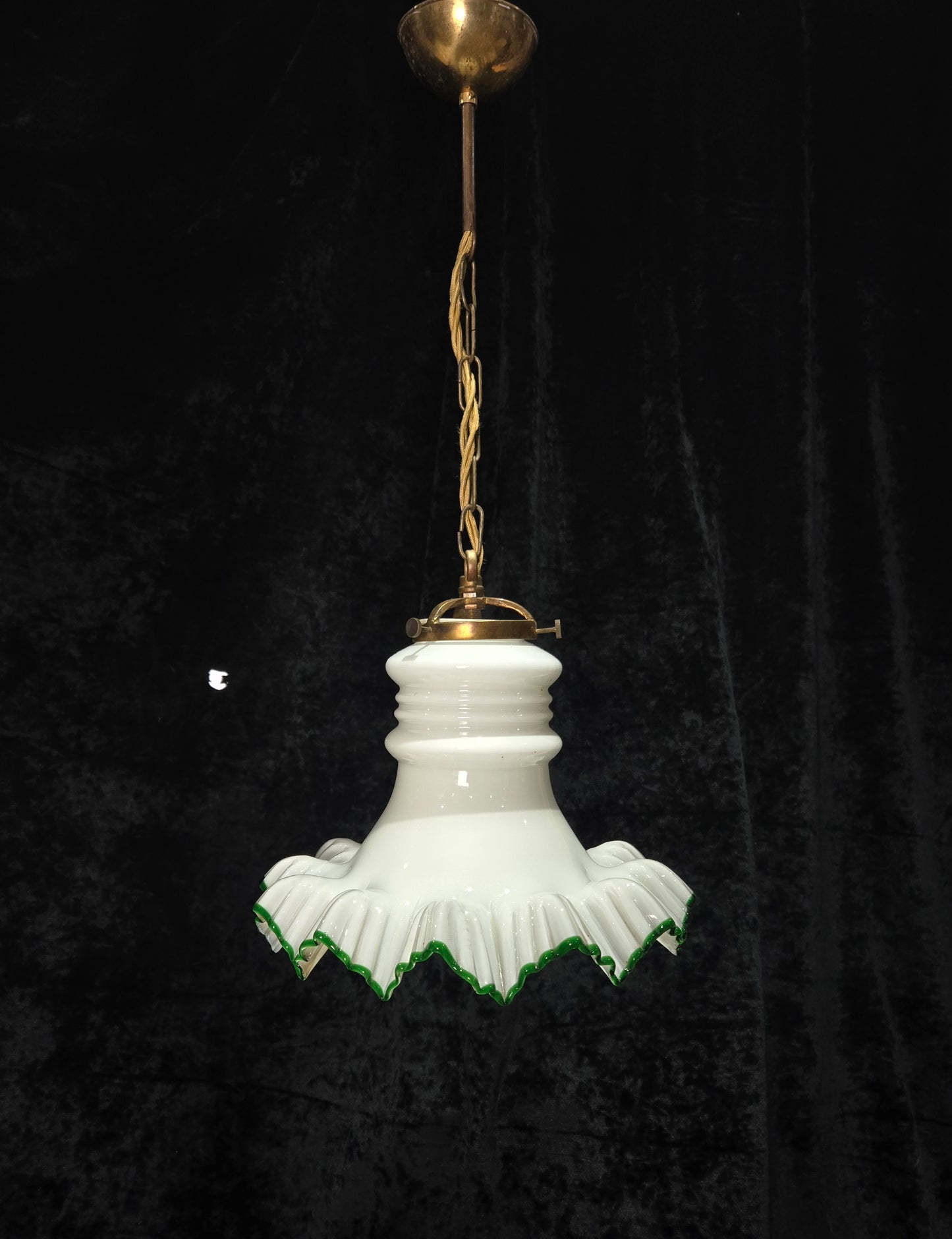 Fabulous Antique French Large Opaline Glass Shade Green Edging Brass Light