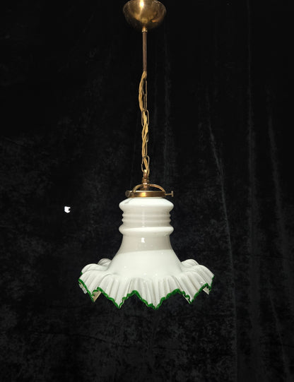 Fabulous Antique French Large Opaline Glass Shade Green Edging Brass Light