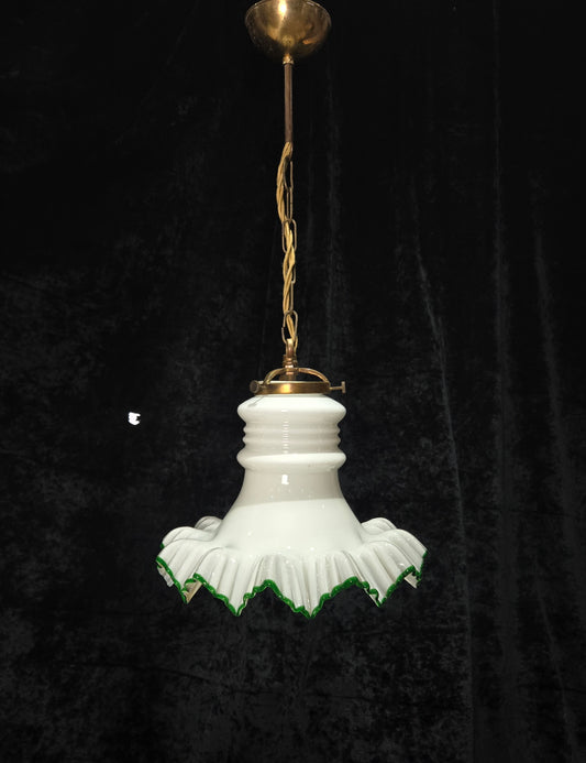 Fabulous Antique French Large Opaline Glass Shade Green Edging Brass Light