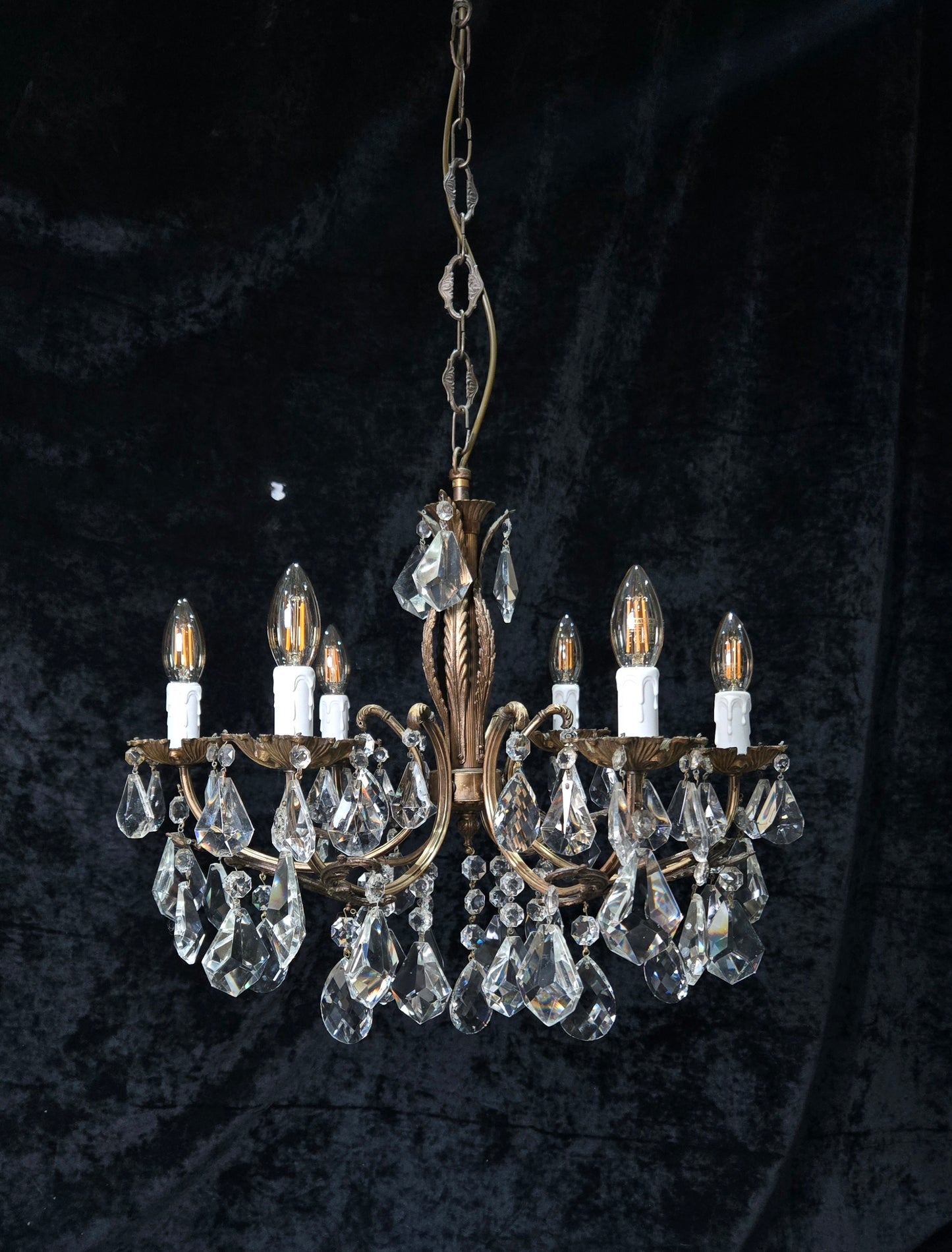 Fabulous Heavy Vintage Italian 6 Arm Leaf Crystal Chandelier Ceiling Light