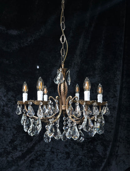 Fabulous Heavy Vintage Italian 6 Arm Leaf Crystal Chandelier Ceiling Light