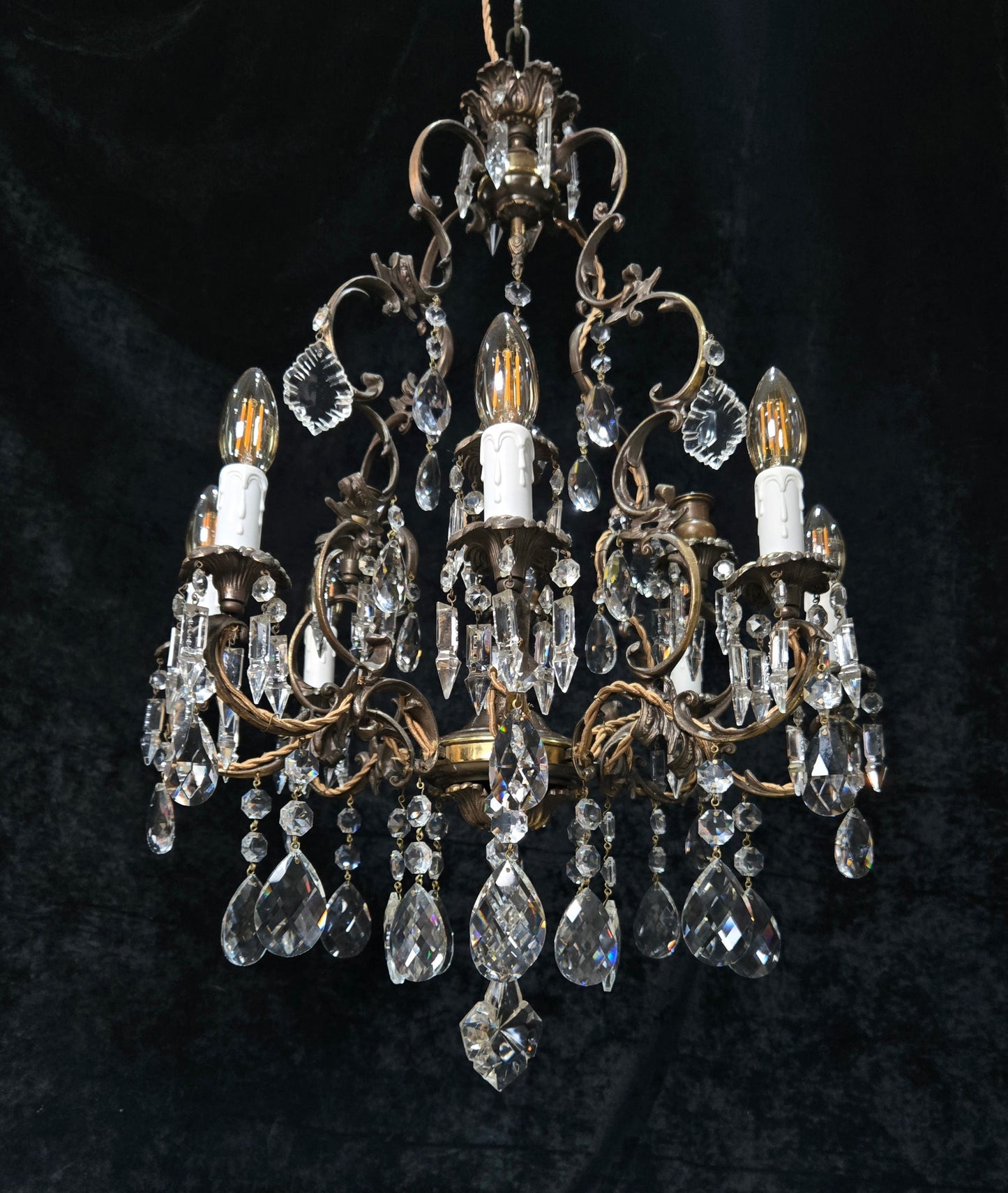 Fabulous Antique Italian 8 Arm 4 Candle Cage Brass Crystal Chandelier Light