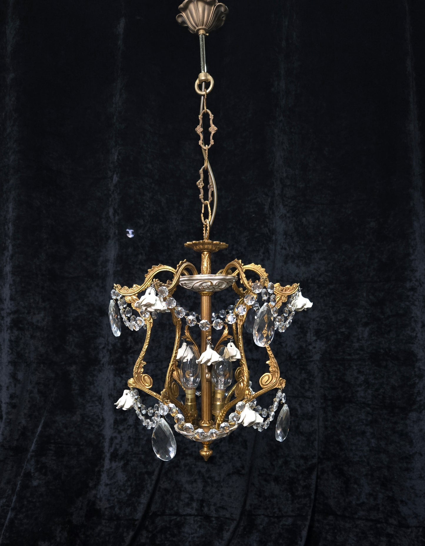 Lovely Vintage Spanish 3 Light Crystal and Brass Ceramic Roses Cage Chandelier