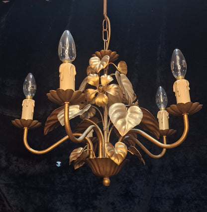 Pretty Vintage French 5 Arm Foliage Toleware Gilded Chandelier Light