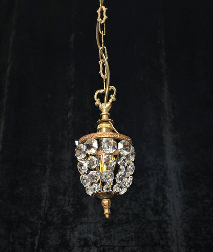 Petite Vintage French Crystal Half Bag Brass 1 Light Chandelier Ceiling Light