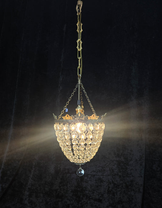 Beautiful Antique French Crystal Bag Brass and Bows Chandelier Ceiling Light