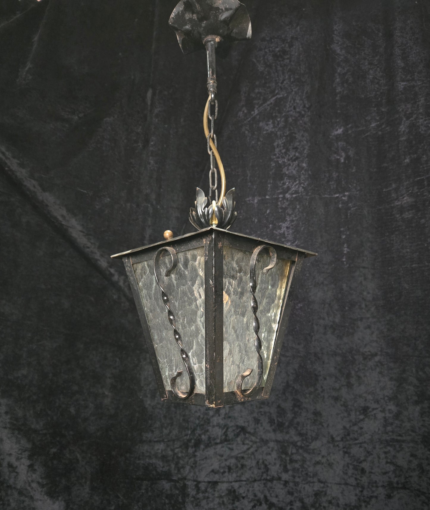 Lovely Vintage French Wrought Iron Gothic Patterned Glass Lantern Light