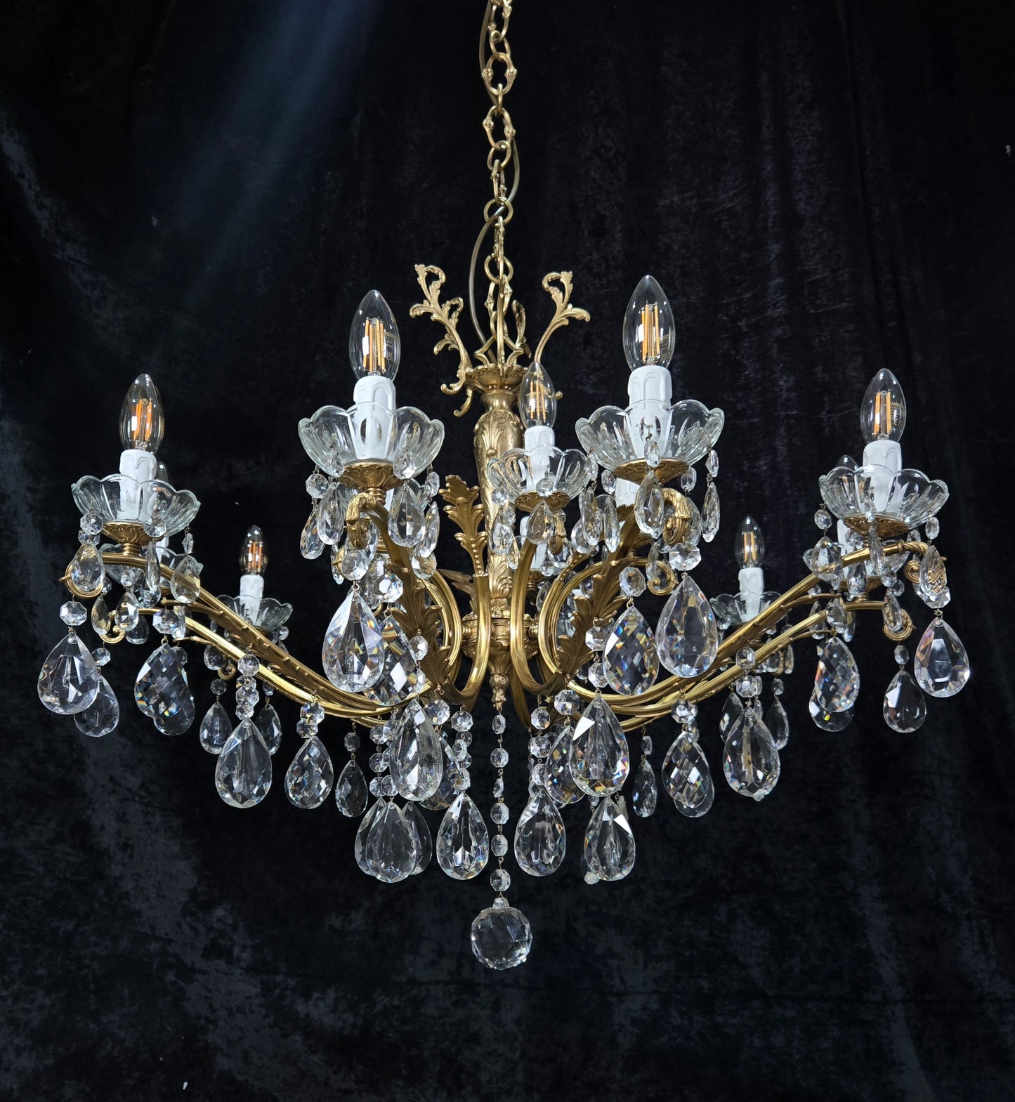 Fabulous Large Vintage Italian Heavy 10 Arm 15 Light Brass Crystal Chandelier