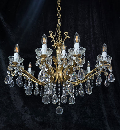 Fabulous Large Vintage Italian Heavy 10 Arm 15 Light Brass Crystal Chandelier