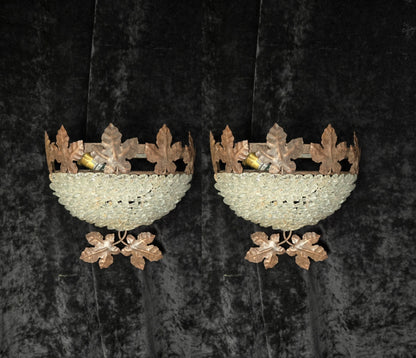 Fabulous Pair Vintage French Iron Murano Glass Basket Leaf Wall Lights Sconces