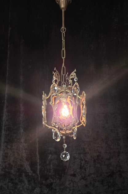 Beautiful Antique French 1 Light Brass Crystal Cage Chandelier Ceiling Light