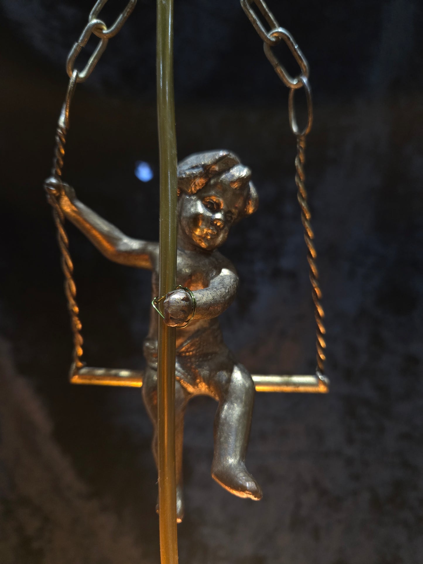 Beautiful Petite Vintage French Brass Cherub Crystal Chandelier Ceiling Light