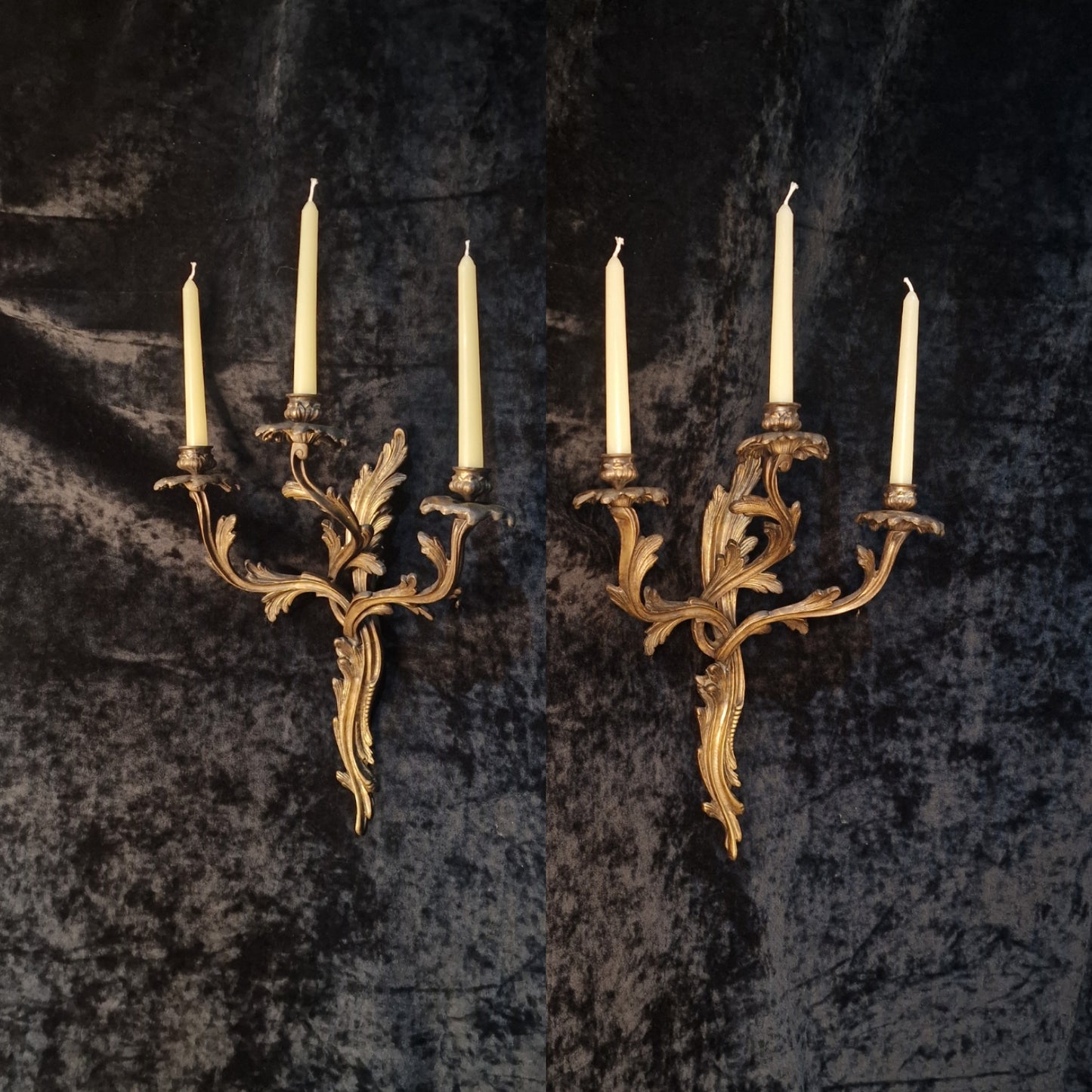 Gorgeous Pair Large 3 Arm Antique French Solid Brass Candle Wall Lights Sconces