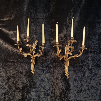 Gorgeous Pair Large 3 Arm Antique French Solid Brass Candle Wall Lights Sconces