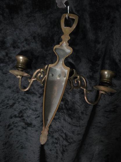 Traditional Pair of Antique 3 Arm Brass Flemish Candle Wall Lights Sconces