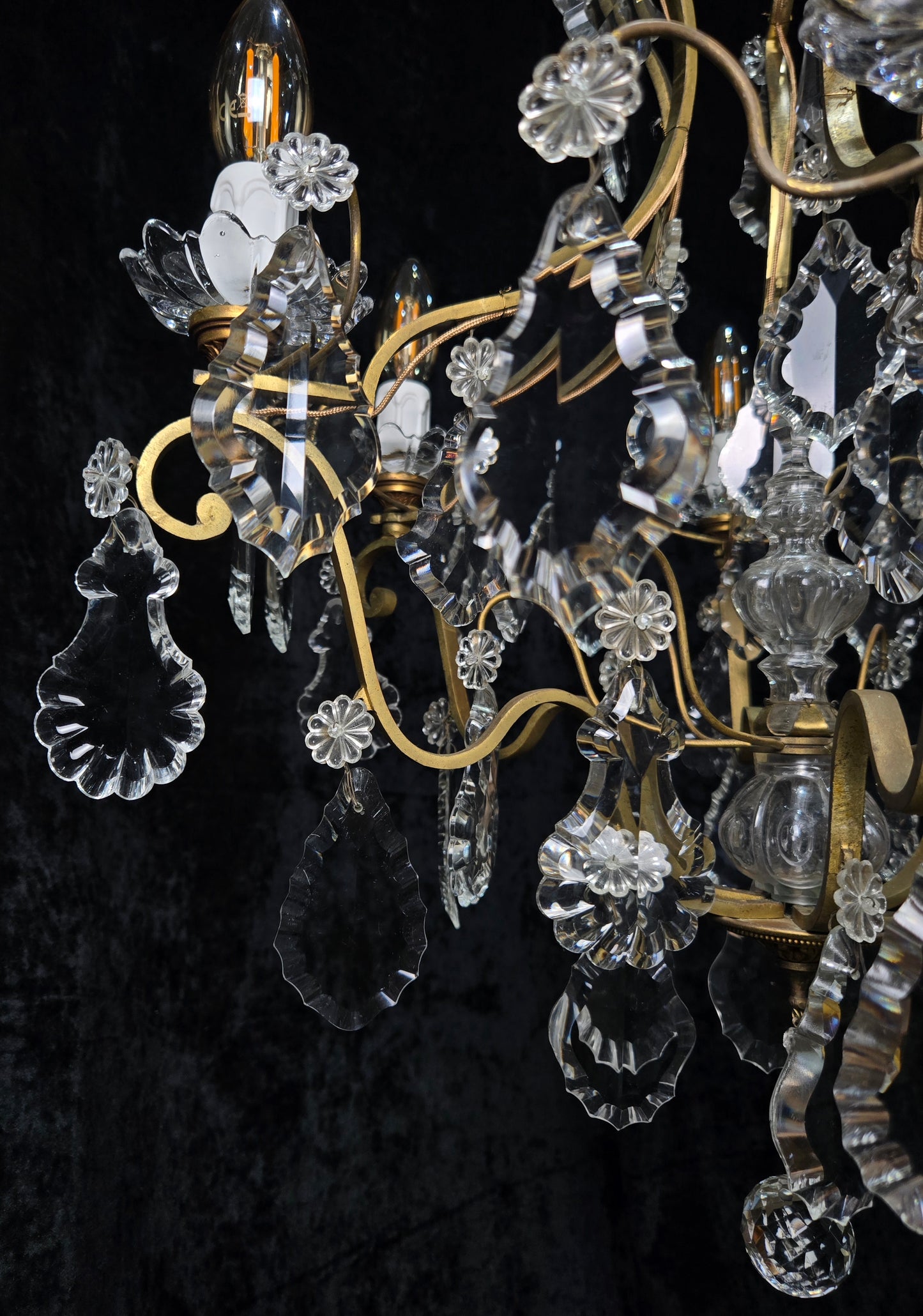 Classical Antique French 6 Arm Caged Bronze Crystal Chandelier Ceiling Light
