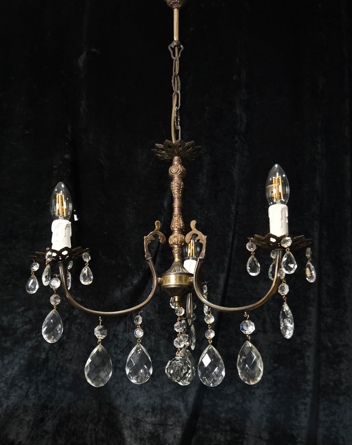 Lovely Vintage Italian 3 Arm Brass and Crystal Chandelier Ceiling Light