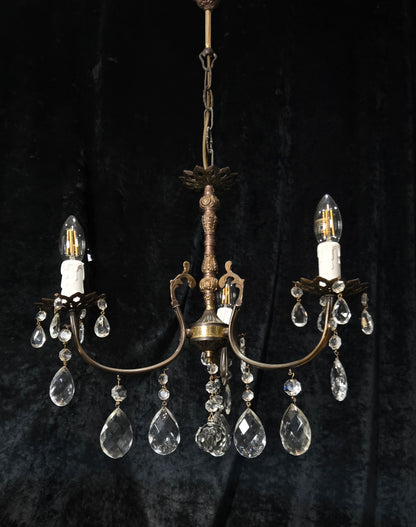 Lovely Vintage Italian 3 Arm Brass and Crystal Chandelier Ceiling Light