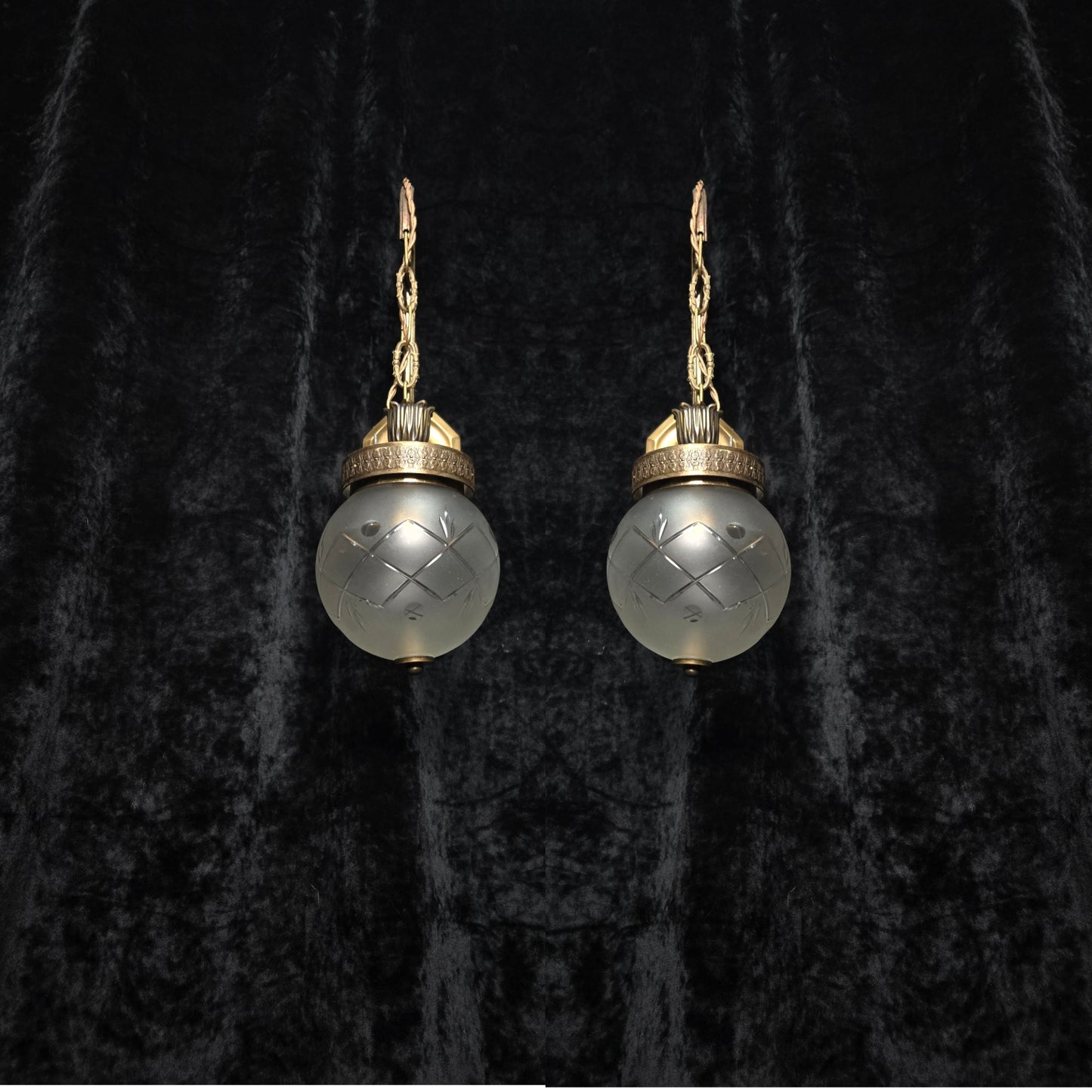 Unique Pair of Vintage Italian Brass Glass Lantern Wall Lights Sconces