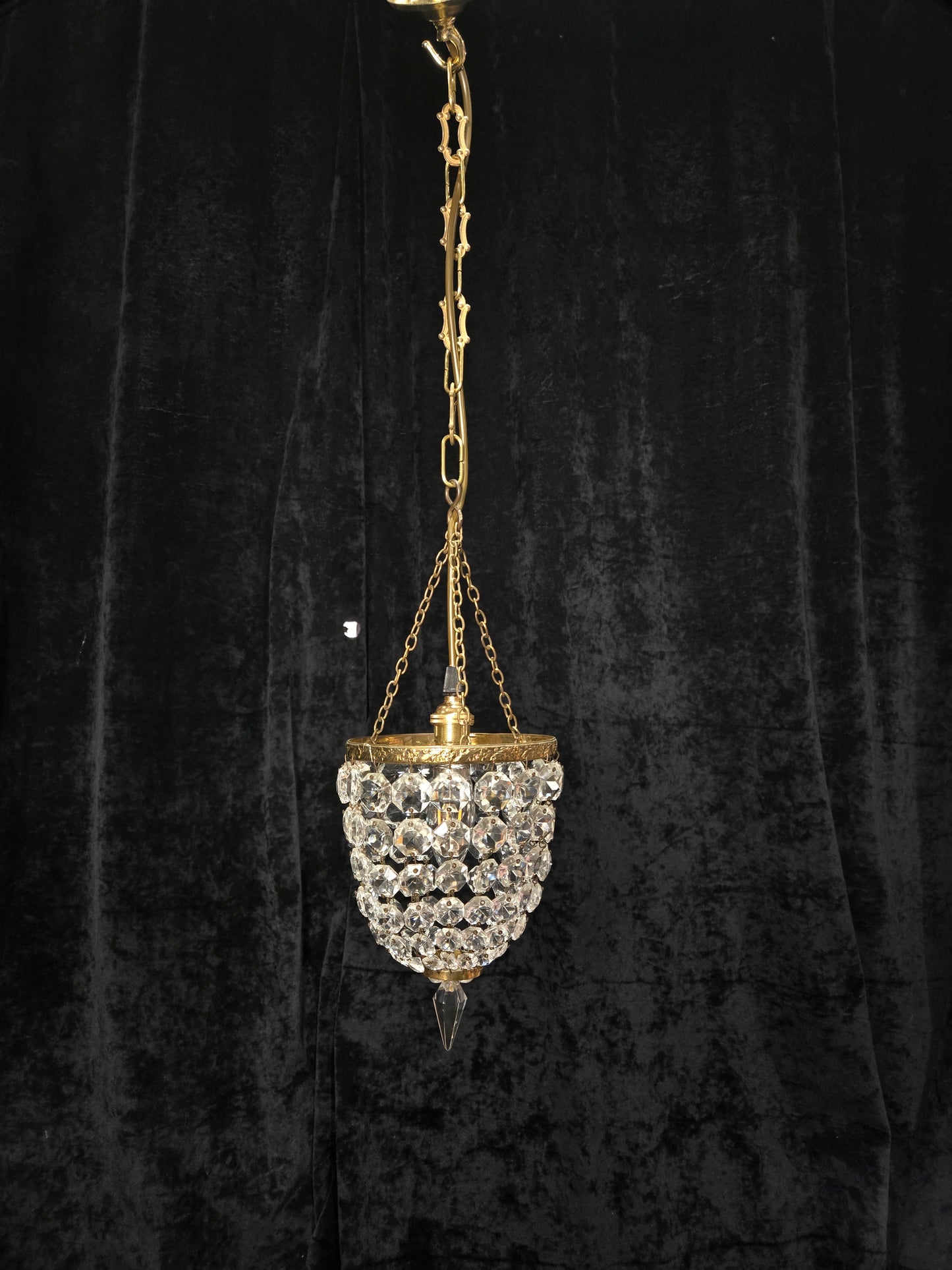 Petite Antique French Crystal Half Bag Brass 1 Light Chandelier Ceiling Light