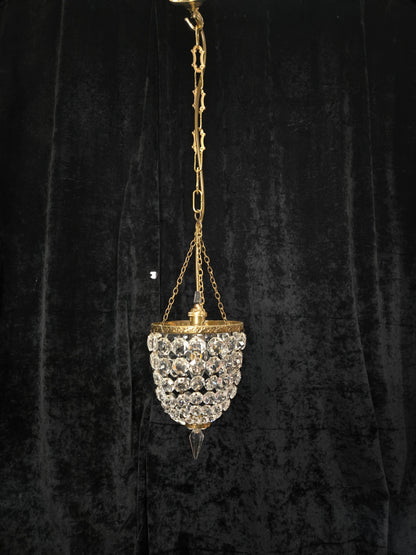 Petite Antique French Crystal Half Bag Brass 1 Light Chandelier Ceiling Light