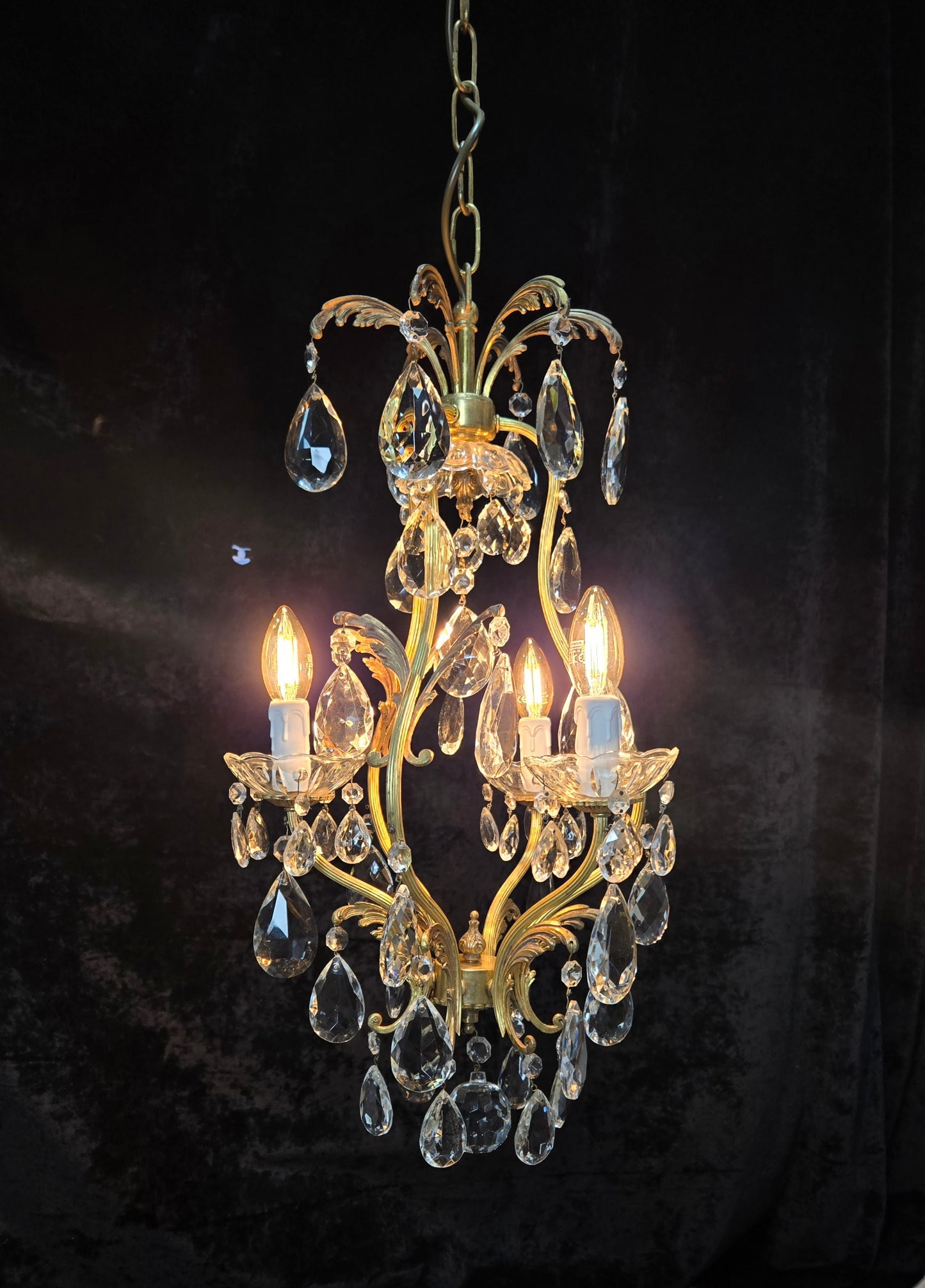Beautiful Vintage Italian 3 Arm Brass Crystal Cage Leaf Chandelier Ceiling Light