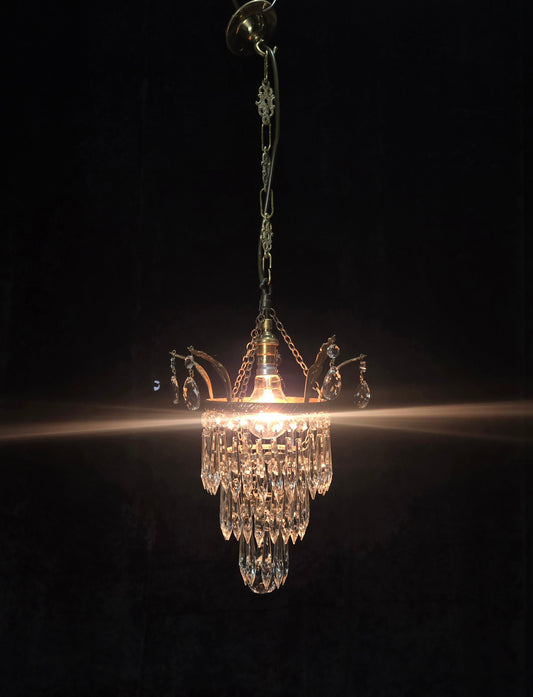 Beautiful Antique French Crystal Waterfall Brass Leaf Chandelier Ceiling Light