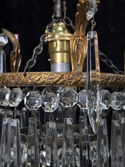 Beautiful Antique French Crystal Waterfall Brass Leaf Chandelier Ceiling Light