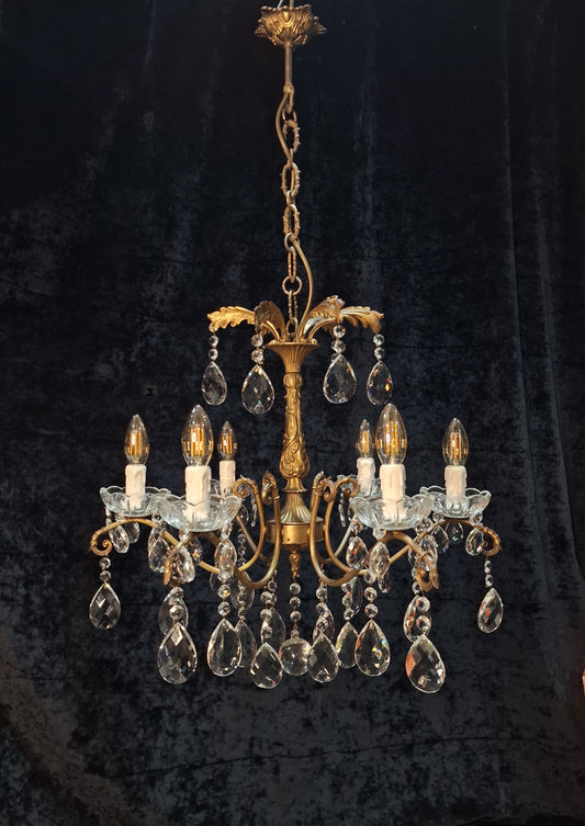 Fabulous Antique French 6 Arm Heavy Brass Crystal Leaf Chandelier Ceiling Light