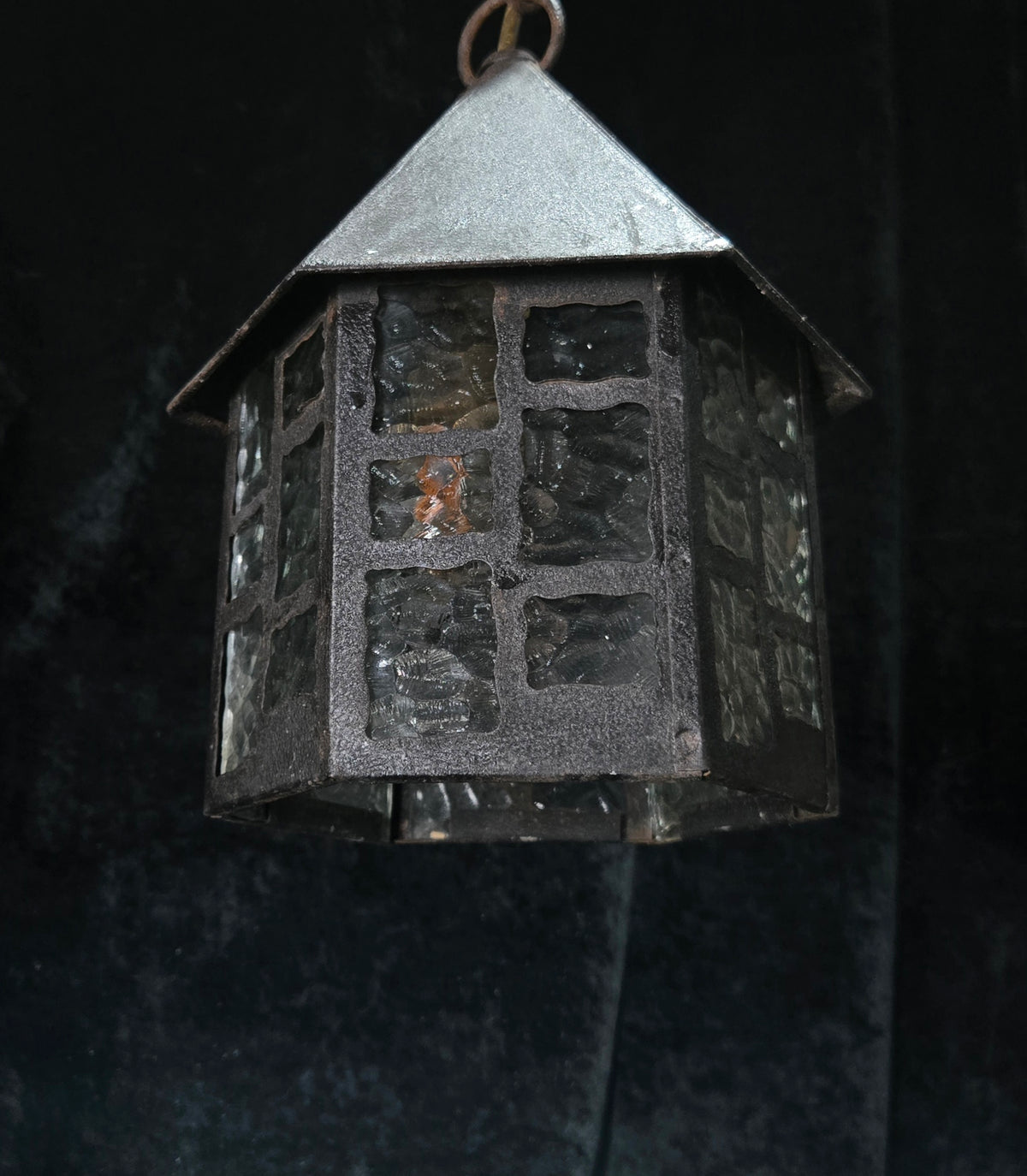 Lovely Vintage French Wrought Iron Gothic Lantern Light with Textured Glass