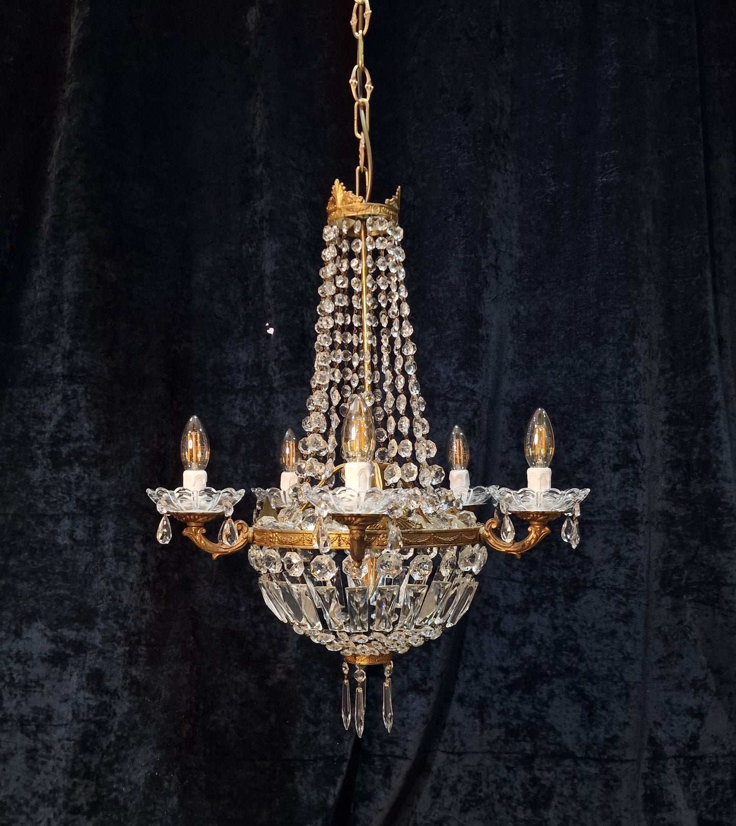 Traditional Antique French 5 Arm 6 Light Crystal Brass Montgolfiere Chandelier