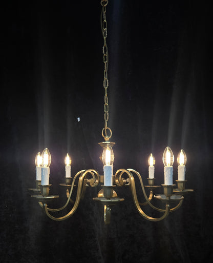 Classical Vintage Polished Brass Large 8 Arm Flemish Style Chandelier Light
