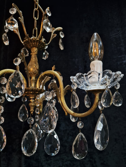 Beautiful Antique French 3 Arm Crystal Brass Leaf Chandelier Ceiling Light