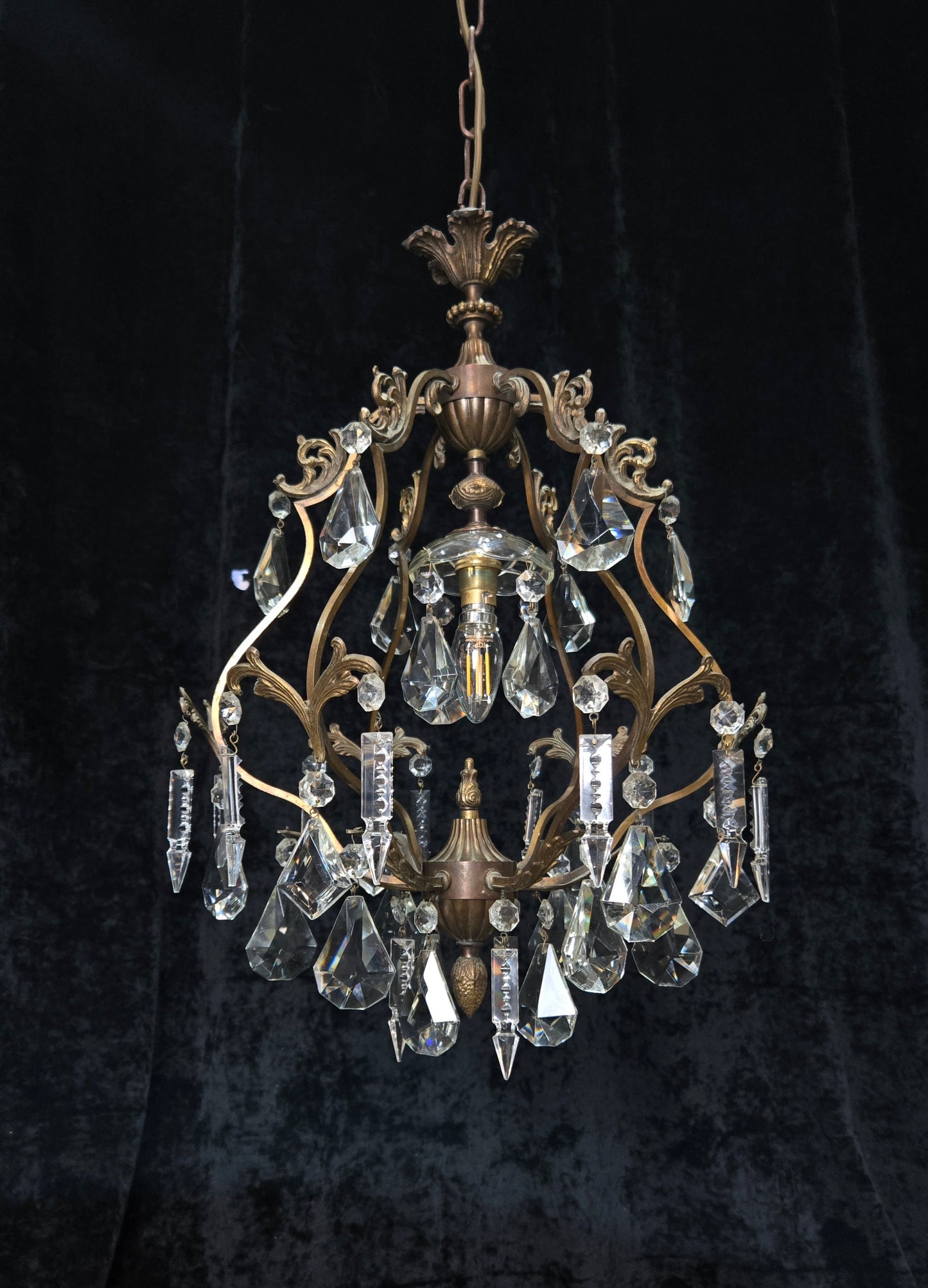 Elegant Vintage Italian 1 Light Cage Crystal Brass Chandelier Ceiling Light