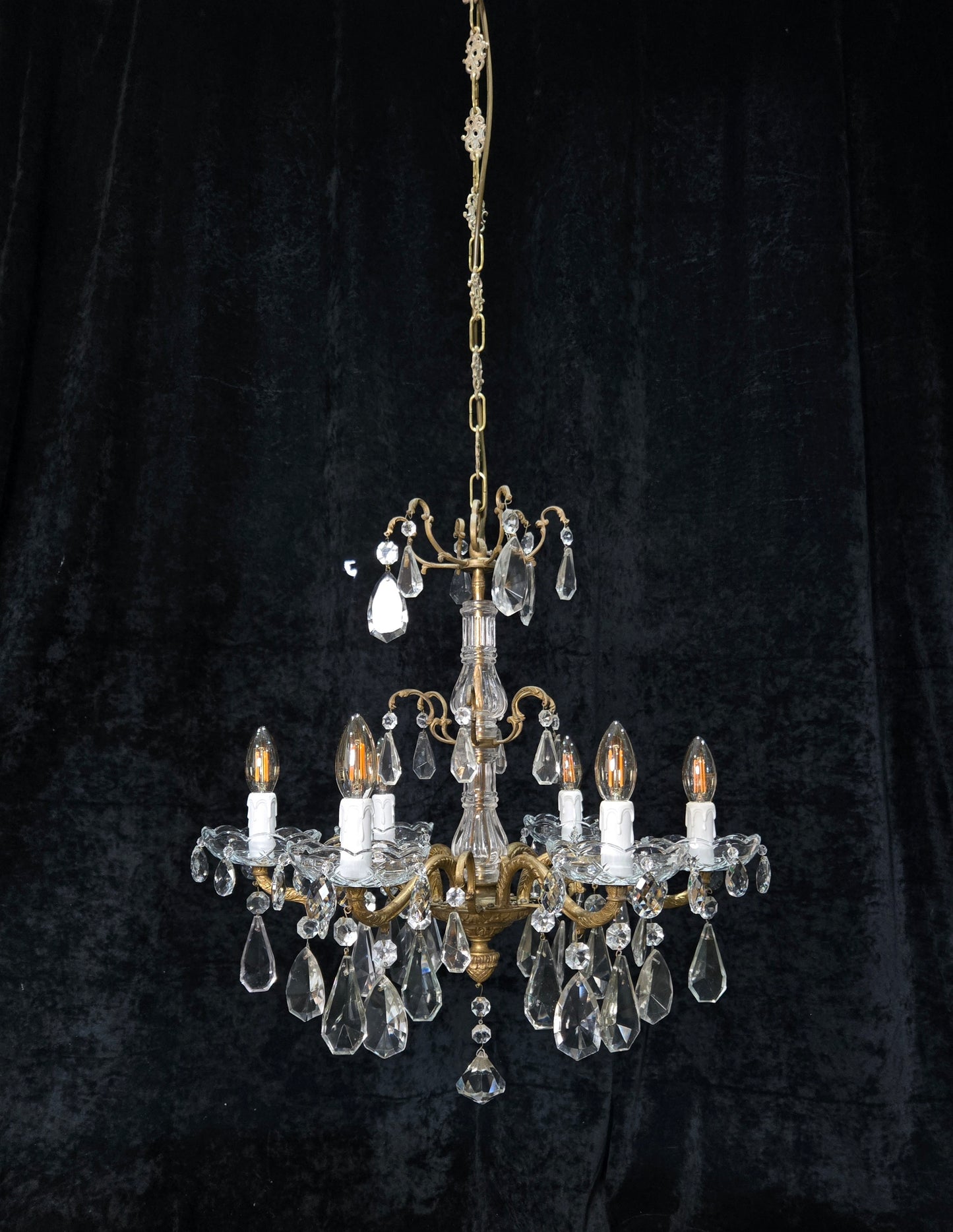 Fabulous Antique French 6 Arm Brass 2 Tier Crystal Chandelier Ceiling Light