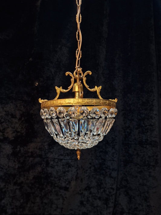 Lovely Vintage French 1 Light Brass Crystal Half Bag Montgolfiere Chandelier