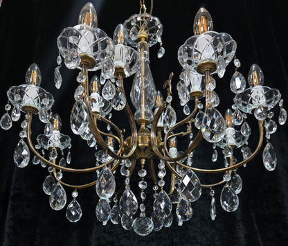 Classical Vintage Italian 8 Arm 12 Light Brass Crystal Chandelier Ceiling Light
