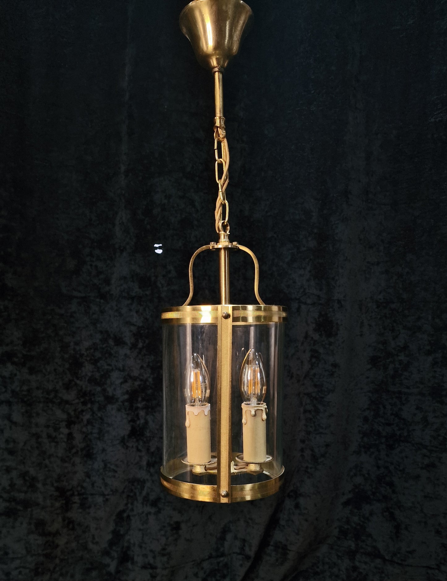 Classical Vintage French Cylinder Glass Brass 2 Light Lantern Hallway Light