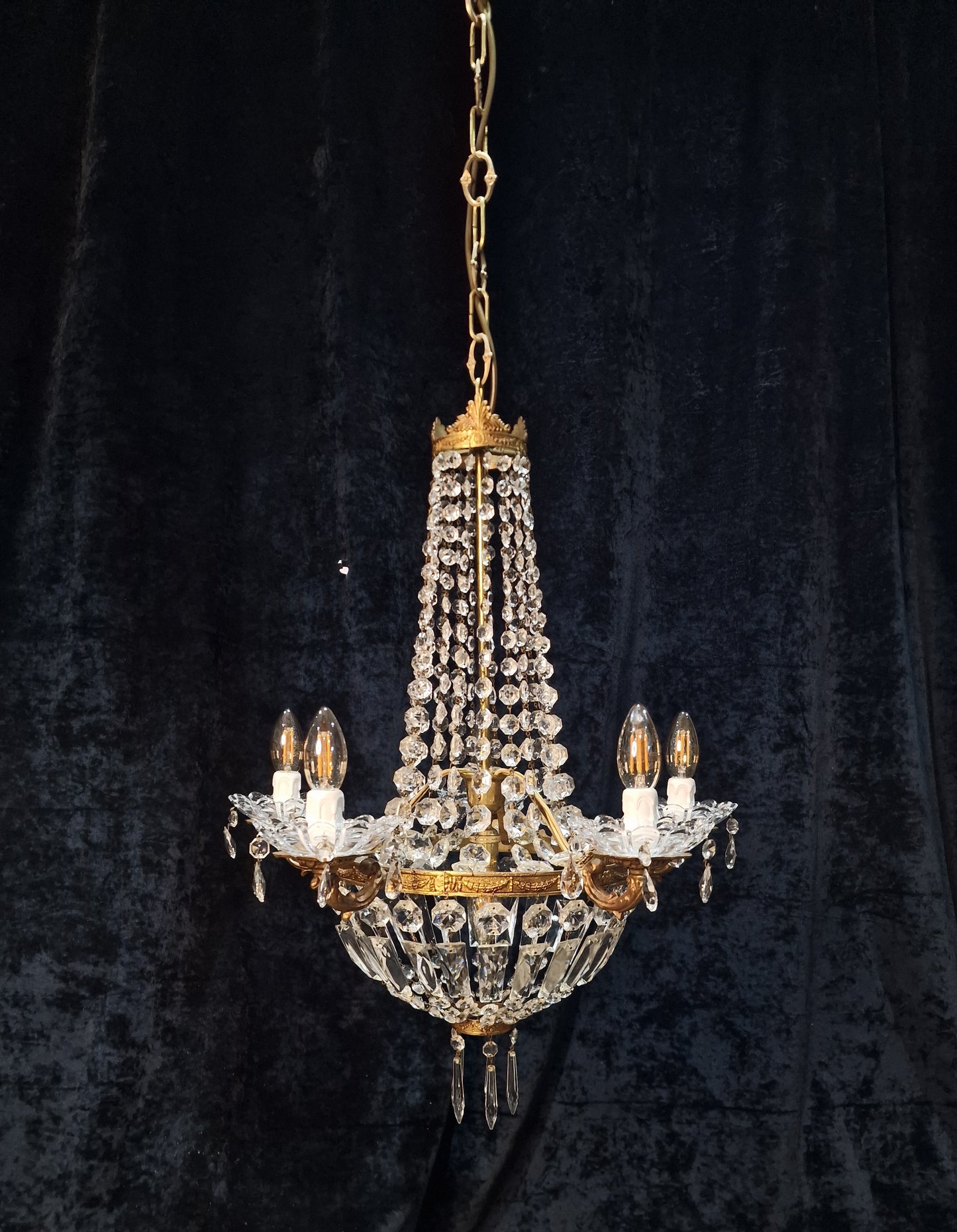 Traditional Antique French 5 Arm 6 Light Crystal Brass Montgolfiere Chandelier