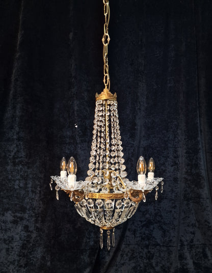 Traditional Antique French 5 Arm 6 Light Crystal Brass Montgolfiere Chandelier