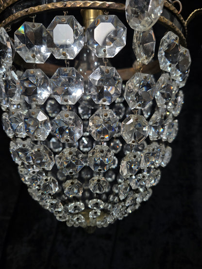 Stunning Antique French Empire Style Brass Crystal Leaf Chandelier Ceiling Light