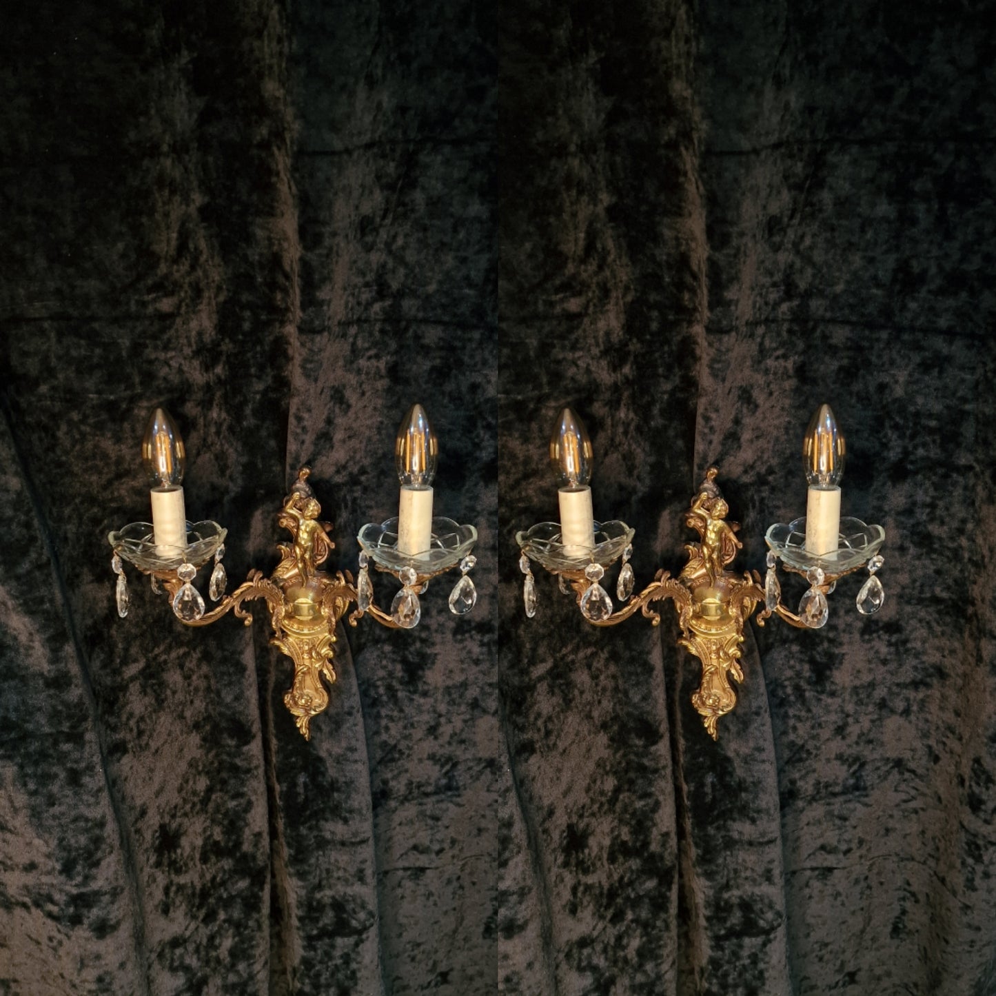 Fabulous Pair Vintage Italian 2 Arm Brass Cherub Crystal Wall Lights Sconces