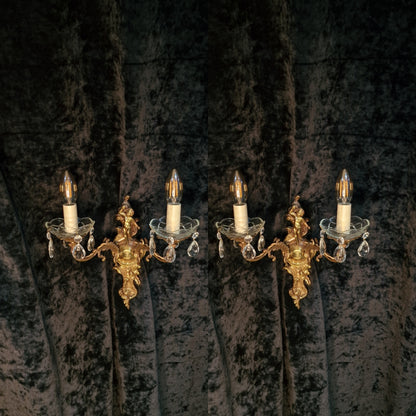 Fabulous Pair Vintage Italian 2 Arm Brass Cherub Crystal Wall Lights Sconces