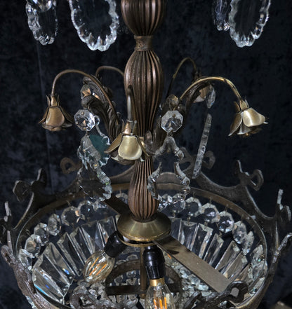 Beautiful Vintage Italian Brass 3 Light Crystal Bag Bows and Roses Chandelier