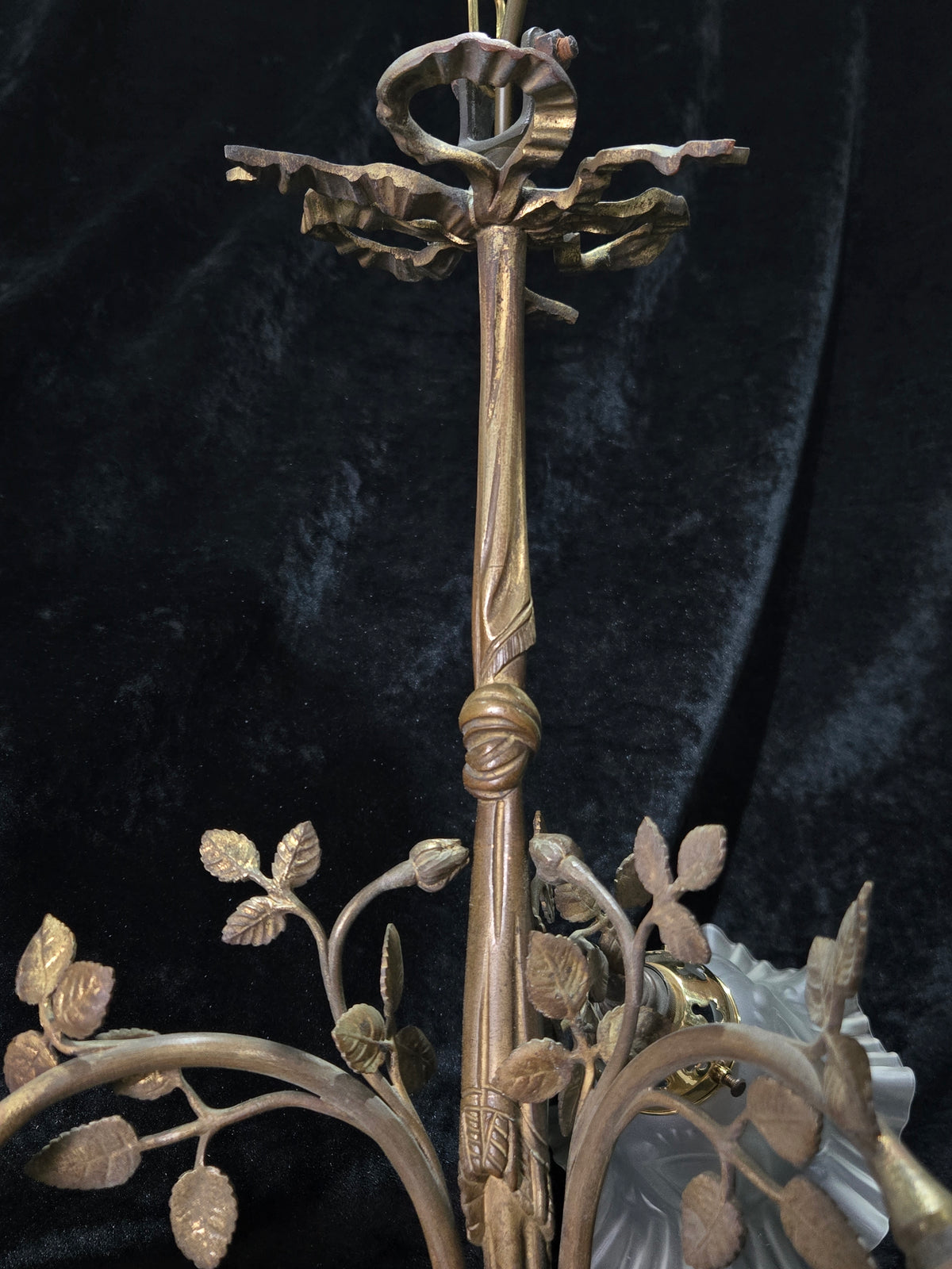 Gorgeous Antique French Brass 3 Arm Floral Chandelier Ceiling Light with Shades